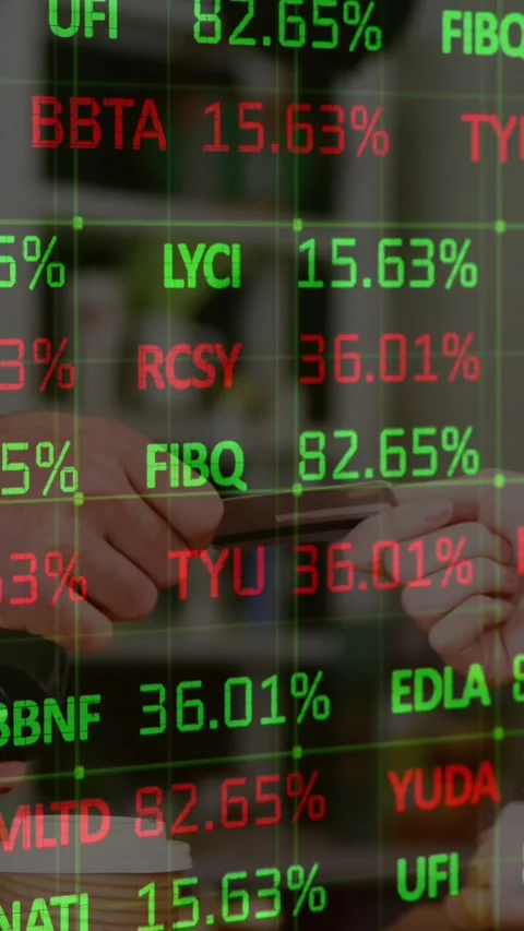 Animation of stock market data processing over woman making a payment through Stock Footage 322954308