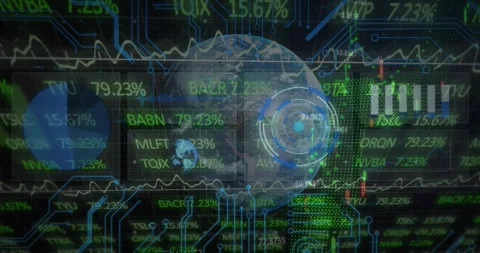 Animation of stock market data processing over globe against microprocessor Vídeo Stock 325964580