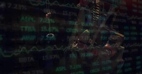 Animation of stock market data processing over 3d construction machine model Stock Footage 326885114