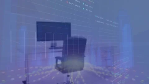 Animation of stock market data processing and 3d city model against empty office Stock Footage 326888928