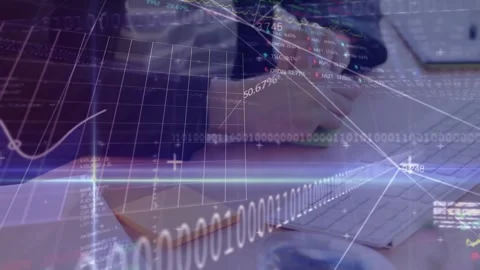 Animation of stock market data processing over md section of woman writing on Stock Footage 327844782