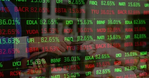 Animation of stock market data processing over woman making a payment through Stock Footage 328014108