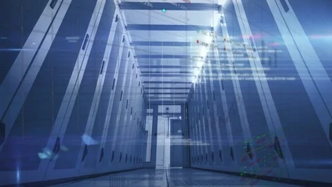 Animation of stock market data processing over empty computer server room Stock Footage 328243583