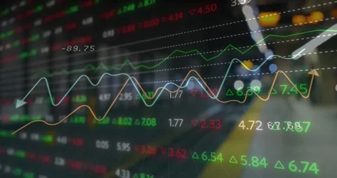 Animation of stock market data processing against train arriving on the station Stock Footage 328523819