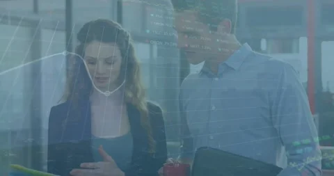 Animation of stock market data processing against diverse colleagues discussing Stock Footage 328927533