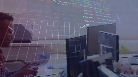 Animation of stock market data processing over diverse man passing a document to 库存影片 328928112