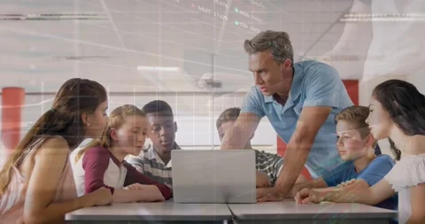 Animation of stock market data processing over caucasian male teacher teaching Stock Footage 329127206