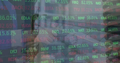 Animation of stock market data processing over woman making a payment through Stock Footage 329289111