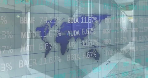 Animation of stock market data processing over world map against computer server Vídeos de archivo 329362460