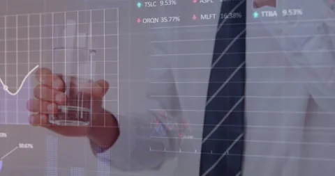 Animation of stock market data processing over mid section of businessman taking Stock Footage 329368237