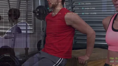 Animation of stock market data processing over caucasian fit couple working out Stock-Footage 329414796