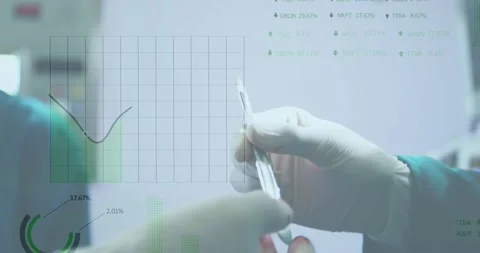 Animation of stock market data processing over mid section of a surgeon holding Stock Footage 329417707