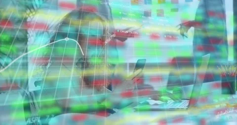 Animation of stock market data processing over disabled caucasian woman using Stock Footage 329693368
