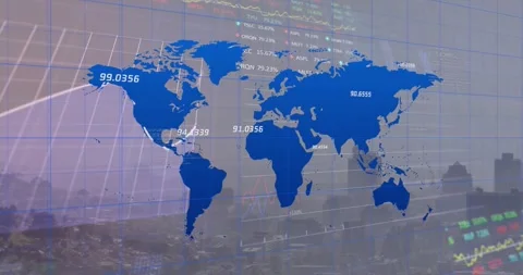 Animation of stock market data processing over world map against aerial view of Stock Footage 329775299