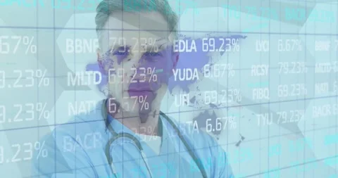 Animation of stock market data processing over world map against caucasian male Stock Footage 329924103