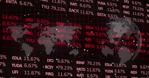 Animation of stock market data processing over spinning globe and world map Stock Footage 329971646