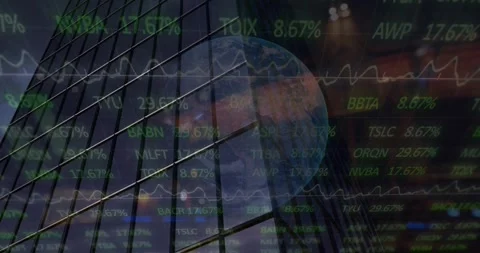 Animation of stock market data processing over globe against tall building Vídeos de archivo 330248208