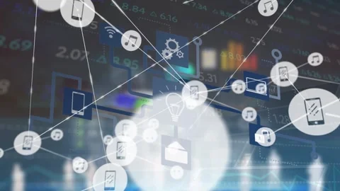 Animation of stock market data processing and network of digital icons against Stock Footage 330336918