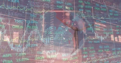 Animation of stock market data processing over globe and spinning windmill Stock Footage 330399993