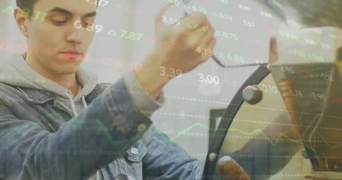 Animation of stock market data processing over male barista preparing coffee at Stock Footage 330402671