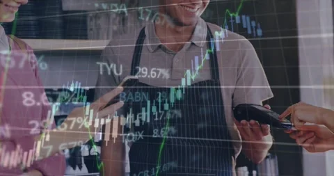 Animation of stock market data processing over caucasian woman making a payment Stock Footage 330473696