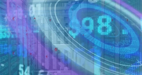 Animation of stock market data processing and round scanner against computer Stock Footage 330590879