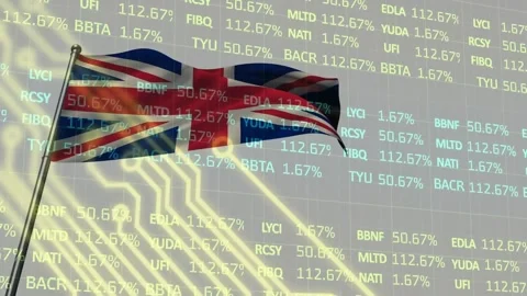 Animation of stock market data processing over waving uk flag against Stock Footage 330661997