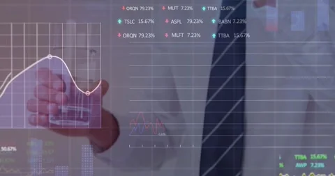 Animation of stock market data processing over mid section of businessman Stock Footage 330662102