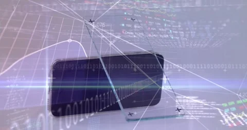 Animation of stock market data processing over smartphone and glass sheet on Stock Footage 330664534
