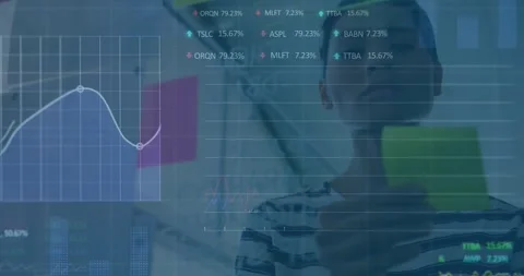 Animation of stock market data processing over woman reading over memo notes at Stock Footage 330771858