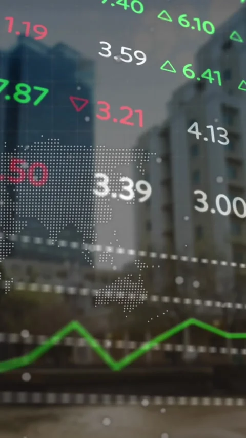 Animation of stock market data processing over world map and spinning globe Stock Footage 341976656