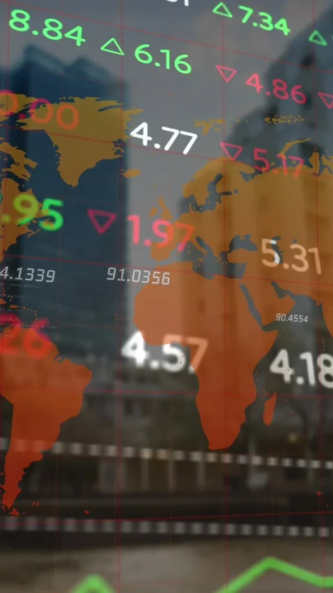 Animation of stock market data processing over world map against tall buildings Stock Footage 341991533