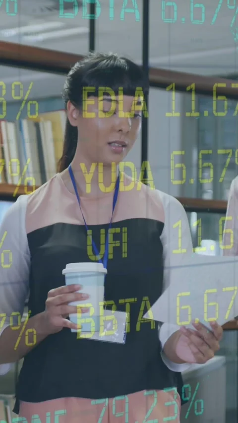 Animation of stock market data processing over diverse colleagues discussing Stock Footage 342010065