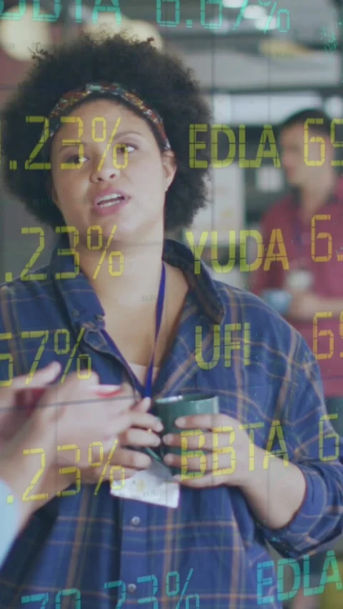 Animation of stock market data processing over diverse man and woman discussing Stock Footage 342010072