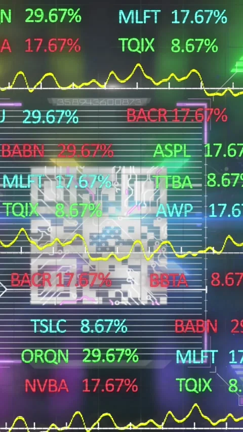 Animation of stock market data processing against fingerprint scanning over qr Stock Footage 342600200