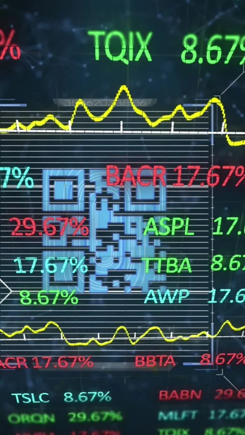 Animation of stock market data processing over qr code scanner against network Stock Footage 342612501
