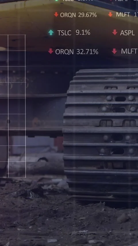 Animation of stock market data processing over hydraulic vehicle operating at Stock Footage 343504240