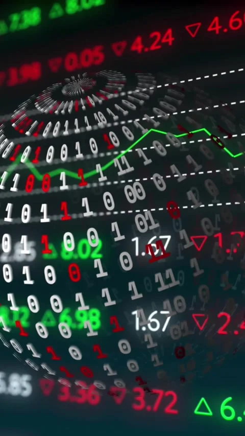 Animation of stock market data processing over globe of binary coding spinning Video stock 343645052
