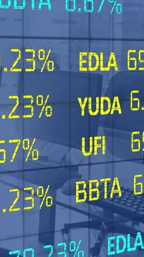 Animation of stock market data processing against computers on office desks Stock Footage 343739033