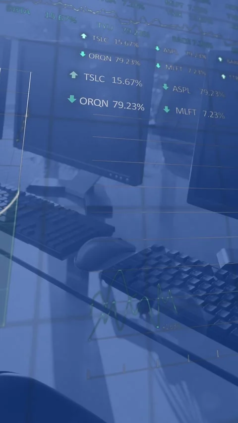 Animation of stock market data processing against computers on office desks Stock Footage 343779484