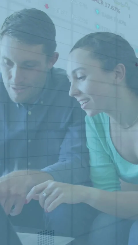 Animation of stock market data processing over caucasian couple calculating Vídeo Stock 343867342
