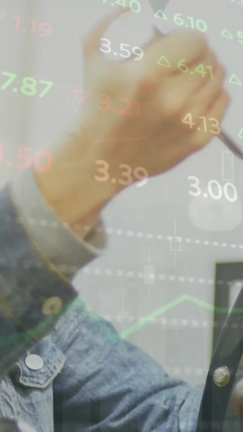 Animation of stock market data processing over male barista preparing coffee at Stock Footage 343955004