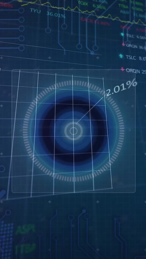Animation of stock market data processing over round scanner and microprocessor Stock Footage 344524953