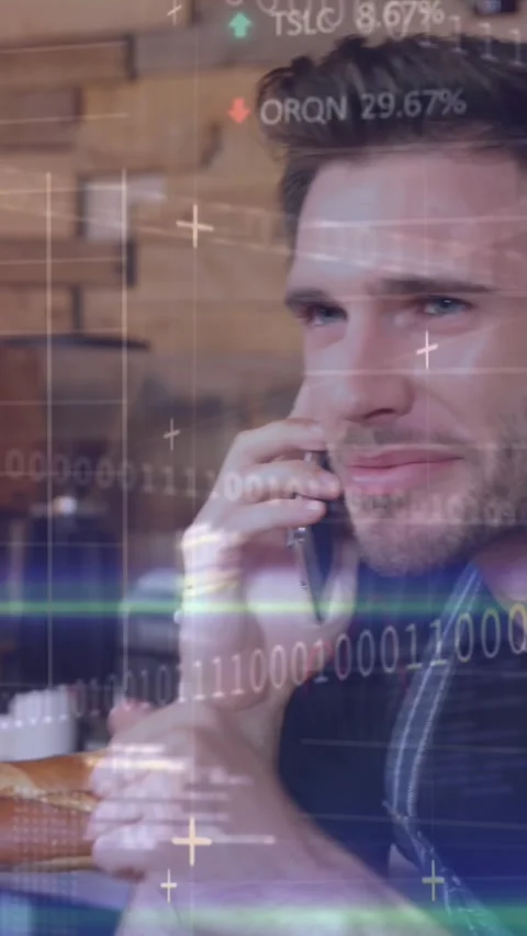 Animation of stock market data processing over caucasian male waiter talking on Stock Footage 344635902