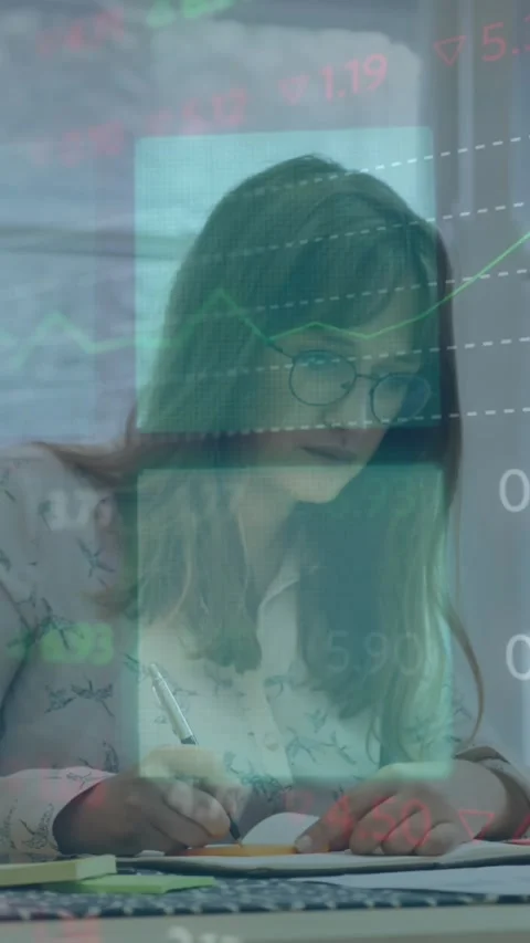 Animation of stock market data processing against thoughtful caucasian woman 库存影片 344636086
