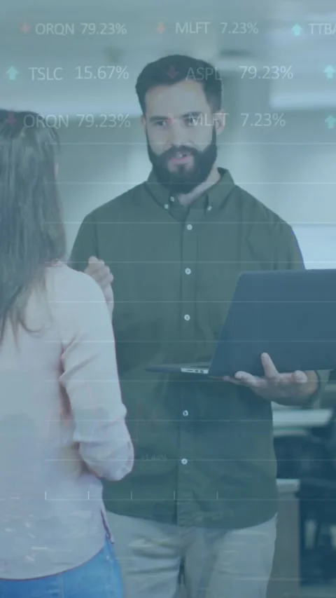 Animation of stock market data processing over happy diverse man and woman Stock Footage 344636519