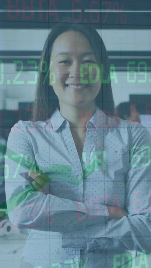 Animation of stock market data processing against portrait of asian Stock Footage 344669296
