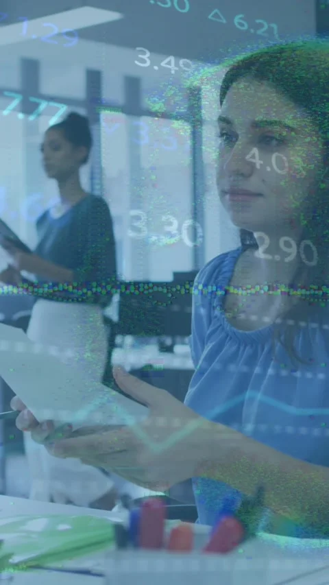 Animation of stock market data processing against caucasian woman using computer Stock Footage 344669298