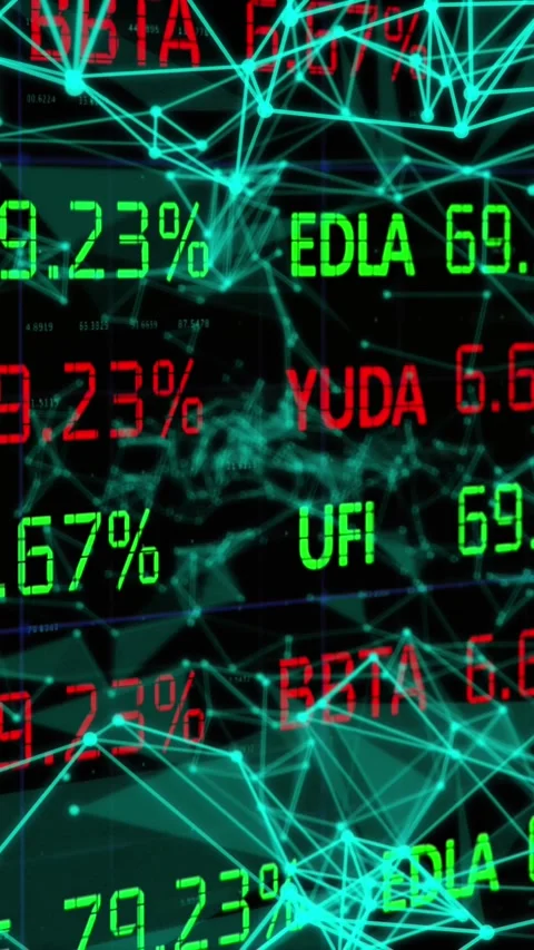 Animation of stock market data processing over glowing plexus networks against Stock Footage 344678270