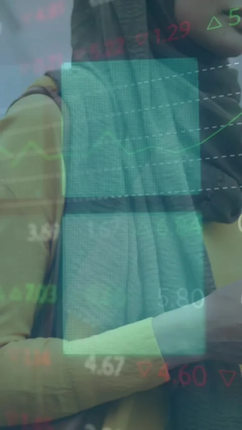 Animation of stock market data processing over woman in hijab using smartphone Stock Footage 344679416